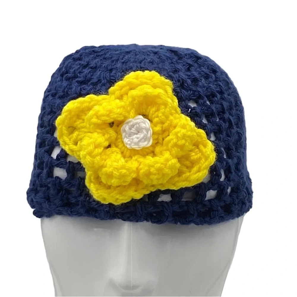 Girl's Hand-Crocheted Navy and Yellow Flower Beanie